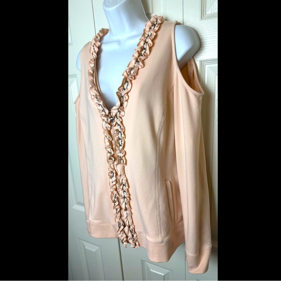 BOSTON PROPER Cold Shoulder Sweatshirt Cardigan Jacket Blouse Pink Chain Ruffle - Picture 4 of 12
